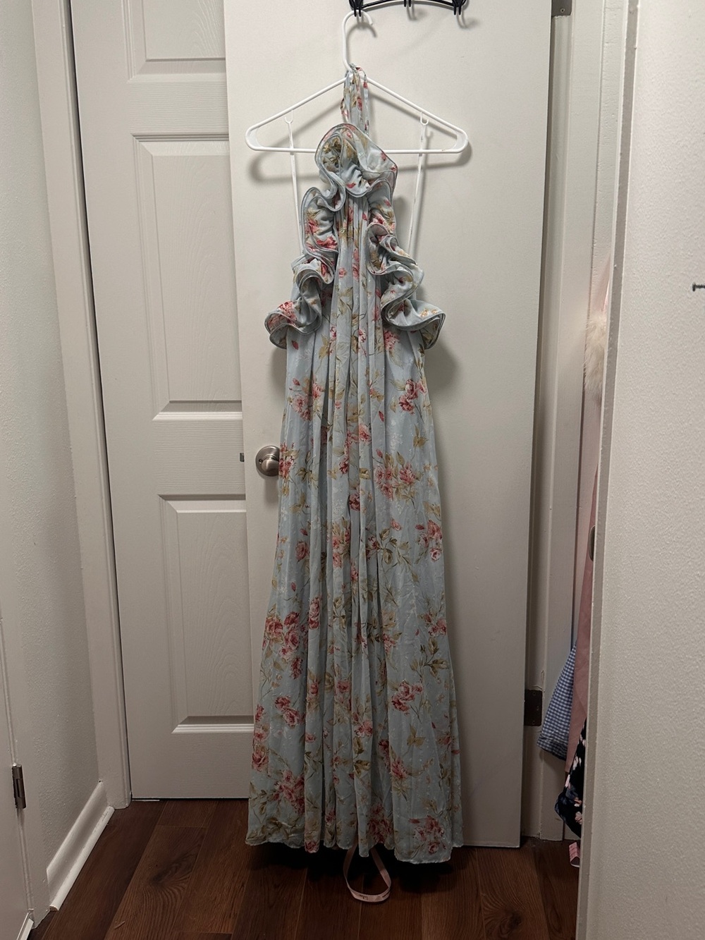 Lulu's Light Blue Floral Halter Maxi Dress with Pink Blooms